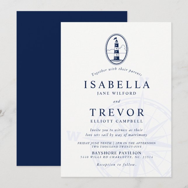 Lighthouse Nautical Wedding Invitation Solid Navy (Front/Back)