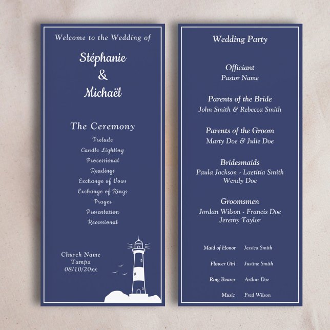 Lighthouse Navy Blue Wedding Ceremony Program Menu (Lighthouse Navy Blue Wedding Ceremony Program)