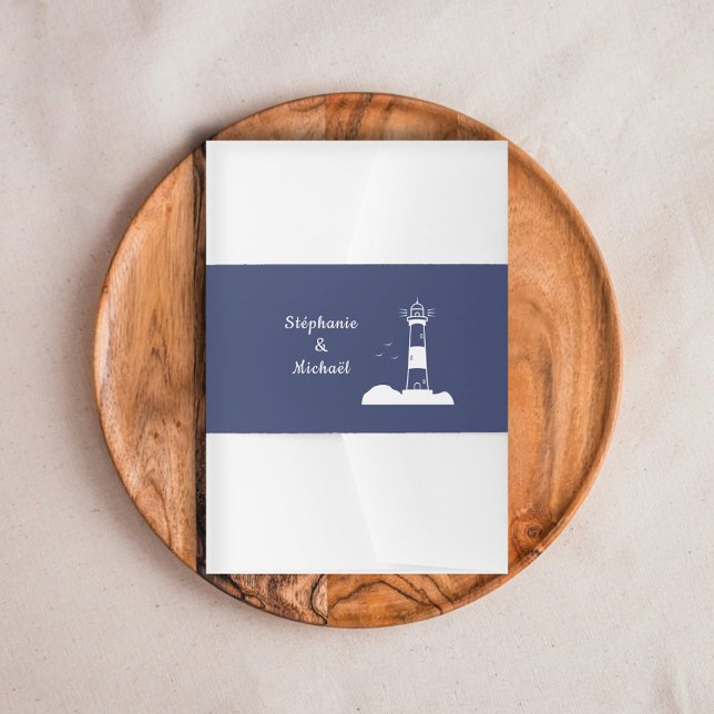 Lighthouse Navy Blue Wedding Invitation Belly Band (Lighthouse Navy Blue Wedding Invitation Belly Band)