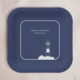 Lighthouse Navy Blue Wedding Paper Plate