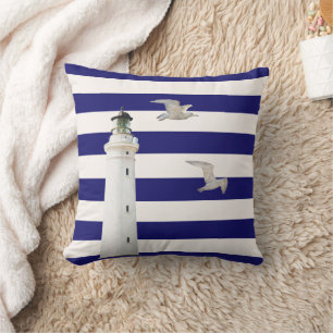 Lighthouse navy blue white nautical stripes gulls cushion