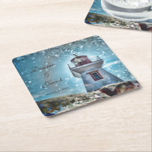 Lighthouse Ocean Blue Nautical Rustic Coastal Square Paper Coaster