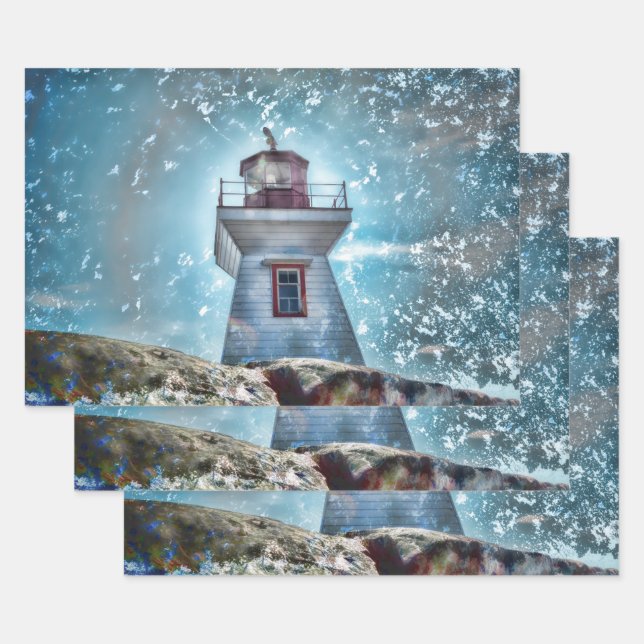 Lighthouse Ocean Blue Nautical Rustic Coastal Wrapping Paper Sheet (Set)