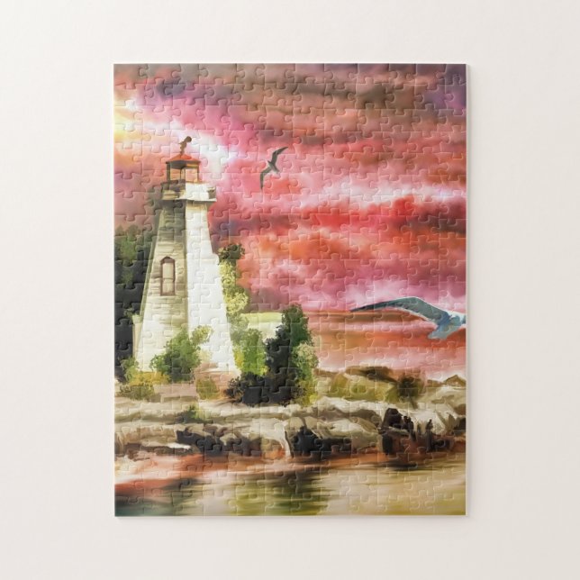 Lighthouse Ocean Coast At Sunset, Jigsaw Puzzle (Vertical)