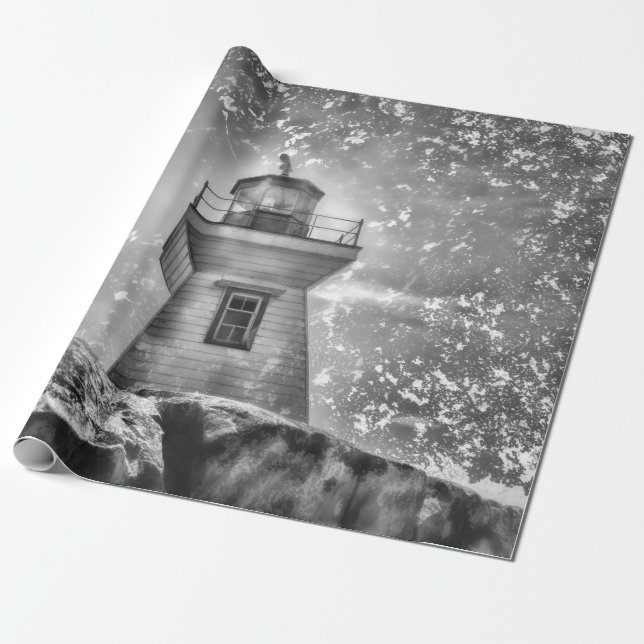 Lighthouse Ocean Nautical Black And White Coastal Wrapping Paper (Unrolled)