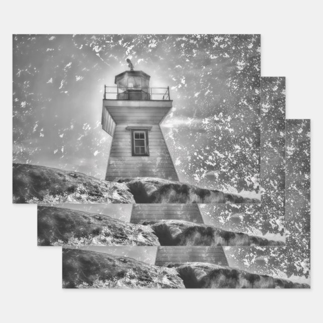 Lighthouse Ocean Nautical Black And White Coastal Wrapping Paper Sheet (Set)