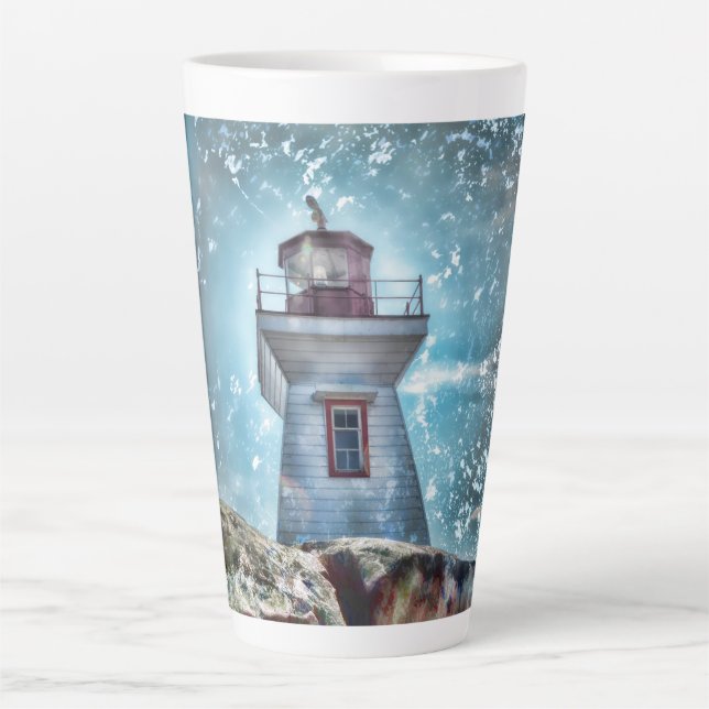 Lighthouse Ocean Nautical Blue Rustic Coastal Latte Mug (Front)