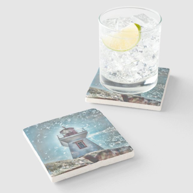 Lighthouse Ocean Nautical Blue Rustic Coastal Stone Coaster (Side)