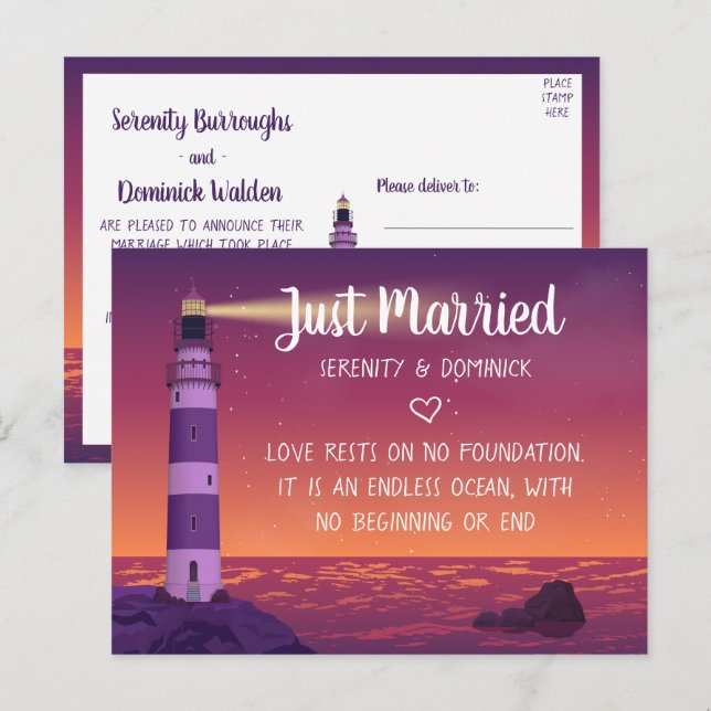 `Lighthouse Ocean Nautical Just Married Wedding Announcement Postcard (Front/Back)