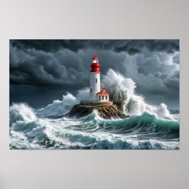 Lighthouse Ocean Storm Majestic Powerful Wave Poster (Front)