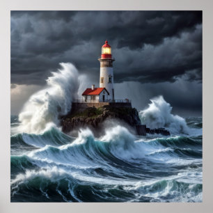 Lighthouse Ocean Storm Majestic Powerful Wave Poster