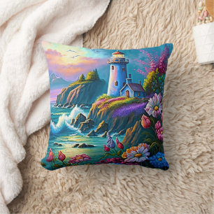 Lighthouse Ocean Waves Colourful Flowers Cushion