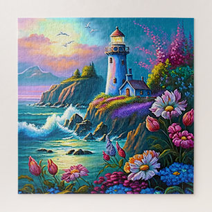 Lighthouse Ocean Waves Colourful Flowers  Jigsaw Puzzle
