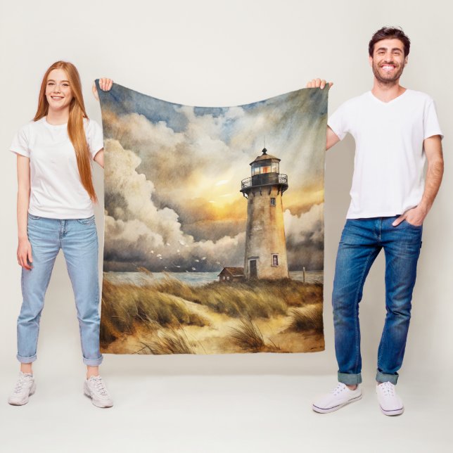 Lighthouse on a Beach Fleece Blanket (In Situ)