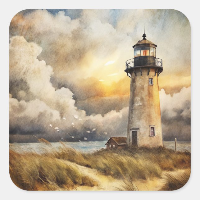 Lighthouse on a Beach Square Sticker (Front)