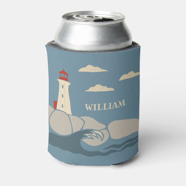 Lighthouse on a Rocky Coast Seaside Can Cooler (Can Back)
