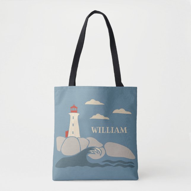 Lighthouse on a Rocky Coast Seaside Tote Bag (Front)
