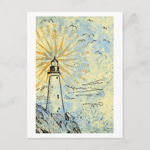 Lighthouse on cliff, ocean sea spray, seagulls postcard