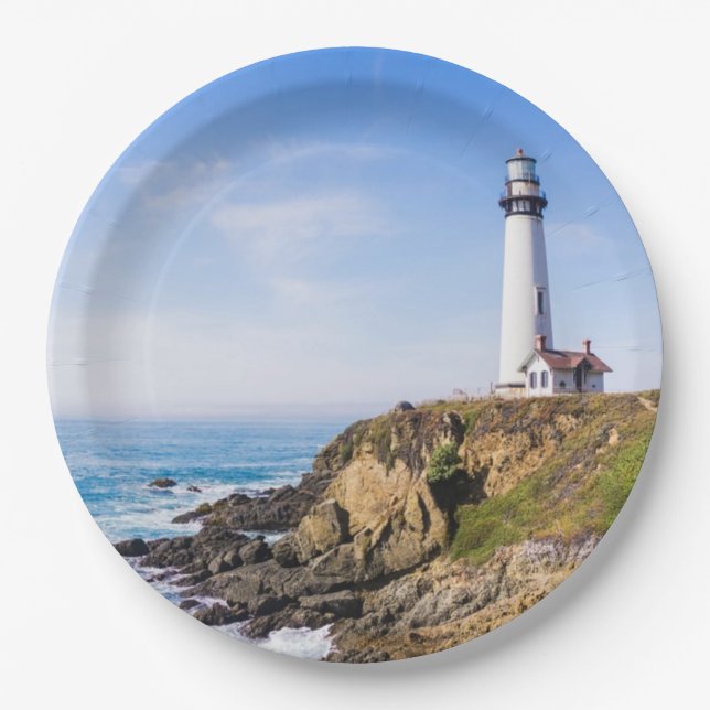 Lighthouse on hill blue sky white house ocean paper plate (Front)