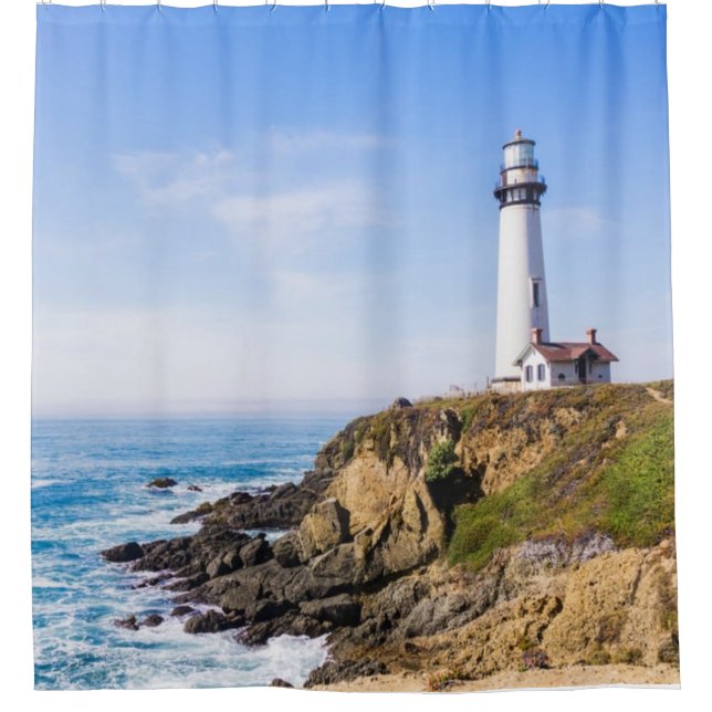 Lighthouse on hill blue sky white house ocean shower curtain (Front)