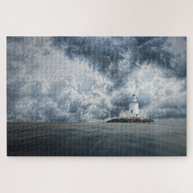 Lighthouse on island storm clouds fine art jigsaw puzzle (Horizontal)