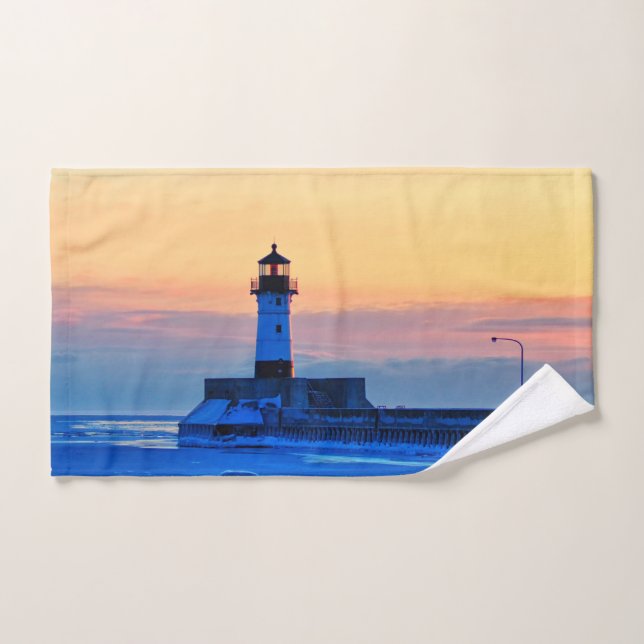 Lighthouse on Lake Superior Sunrise Hand Towel (Hand Towel)