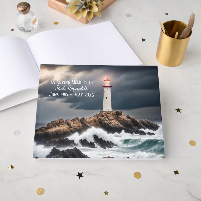 Lighthouse On Rocks Memorial Guest Book (Front Open)