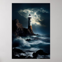 Lighthouse on Rocky Cliff with Waves Crashing