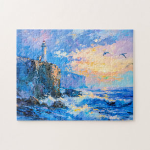 Lighthouse on Rocky Coast Impressionist Seascape Jigsaw Puzzle