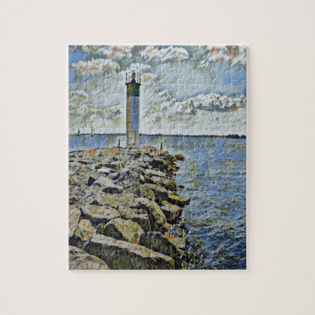 Lighthouse on shore of lake jigsaw puzzle (Vertical)