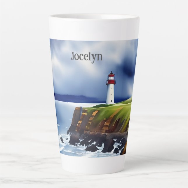 Lighthouse on the Cliffs Watercolor Personalised  Latte Mug (Front)