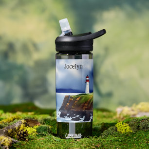 Lighthouse on the Cliffs Watercolor Personalized Water Bottle