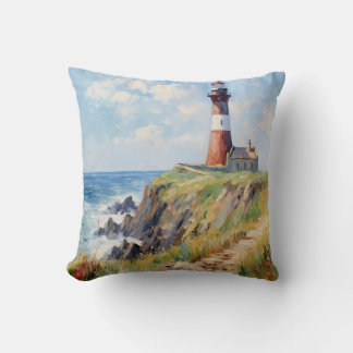 Lighthouse On The Scenic Coast - Impressionist Art Cushion