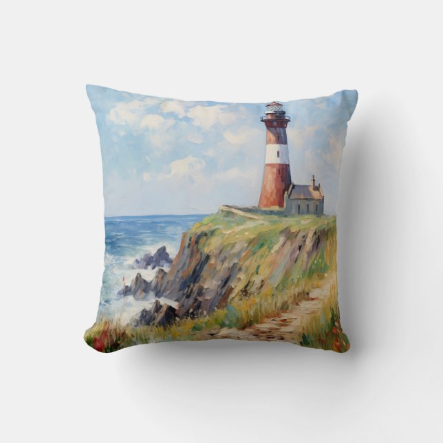 Lighthouse On The Scenic Coast - Impressionist Art Cushion (Front)