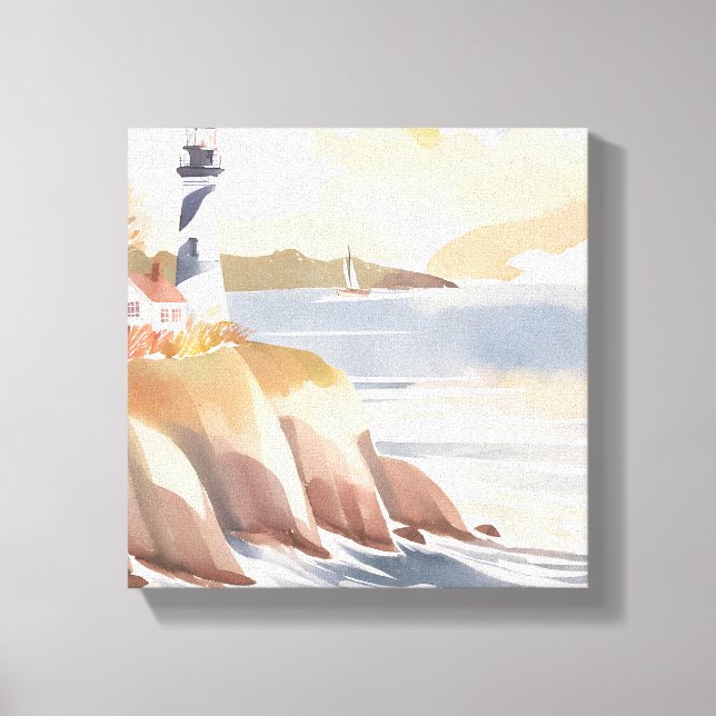 Lighthouse on the Shore | Watercolor Ocean Canvas Print (Front)