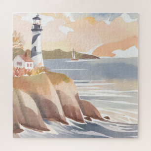 Lighthouse on the Shore   Watercolor Ocean Jigsaw Puzzle