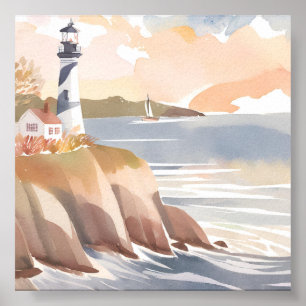 Lighthouse on the Shore   Watercolor Ocean Poster