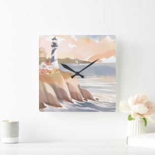Lighthouse on the Shore Watercolor Ocean Square Wall Clock