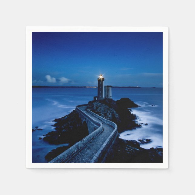 Lighthouse on wall in ocean at night napkin (Front)