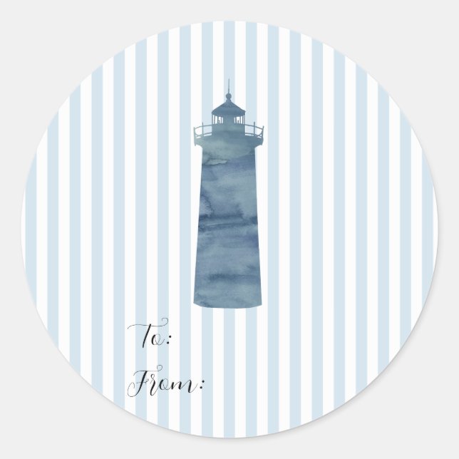 Lighthouse Painting Nautical Blue Stripe Coastal Classic Round Sticker (Front)