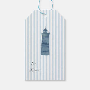 Lighthouse Painting Nautical Blue Stripe Coastal Gift Tags