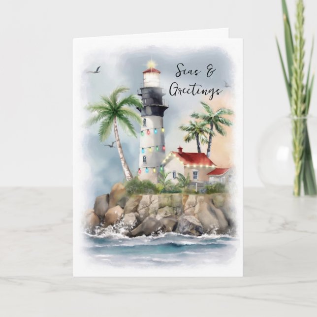 Lighthouse Palm Tree Sea Coastal Christmas Holiday Card (Front)