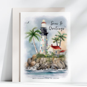 Lighthouse Palm Tree Sea Coastal Christmas Holiday Card