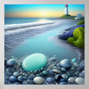 Lighthouse Pebbles at Sunriset Coastal Seascape 🌅 Poster