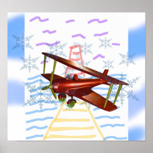 Lighthouse Pier Biplane Blue Waves  Poster