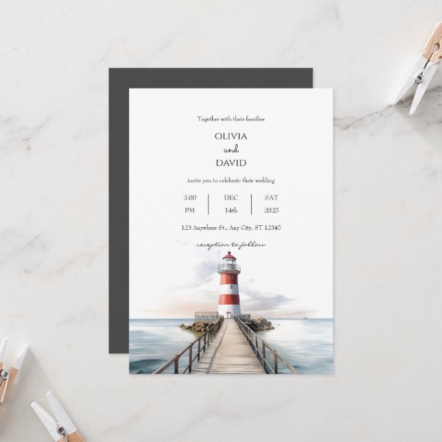 Lighthouse Pier Oceanic Scenery Nautical Wedding  Invitation (Front/Back In Situ)