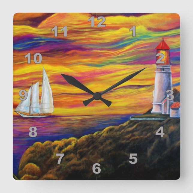 Lighthouse & Sailboat at Sunset Ocean Square Wall Clock (Front)