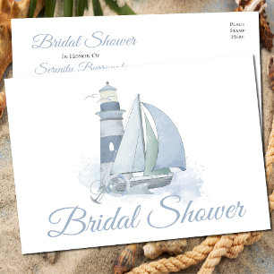 Lighthouse Sailboat Blue Nautical Bridal Shower Invitation Postcard