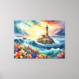 Lighthouse Sailboat Floral Beauty Watercolor Canvas Print