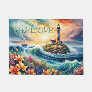Lighthouse Sailboat Floral Beauty Watercolor Doormat